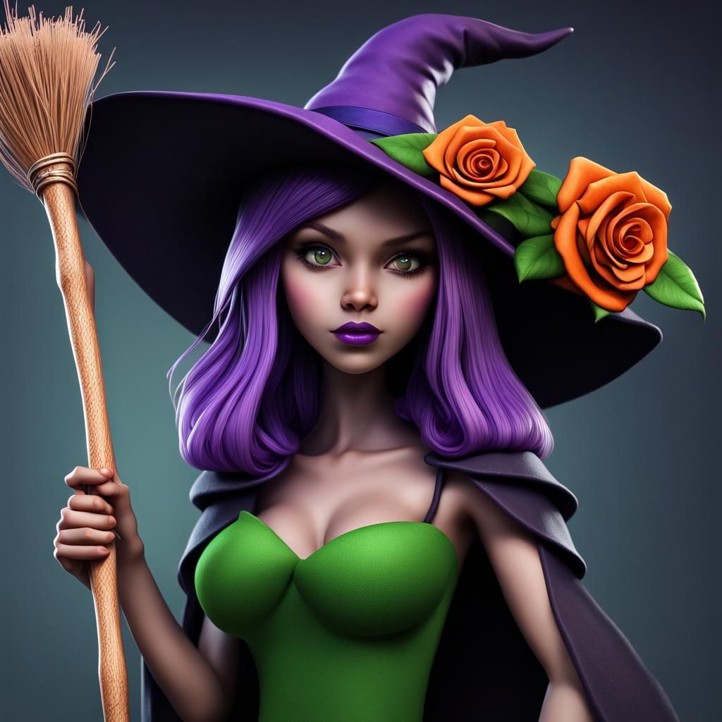Hyperrealistic Image of a Cute Green Witch