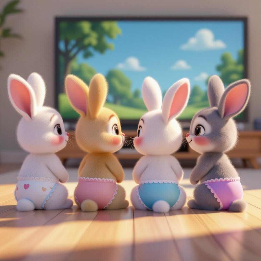 Adorable Bunnies Watching a Movie in Pixar Style