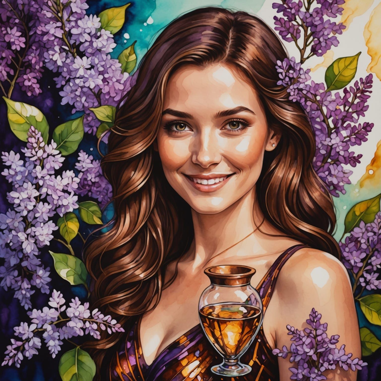 Woman with Lilacs in Alcohol Ink Style