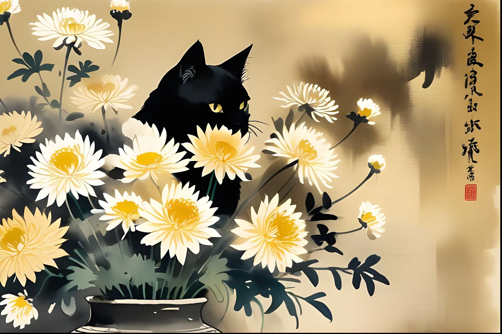 Black Cat Among Chrysanthemums in Edo Style