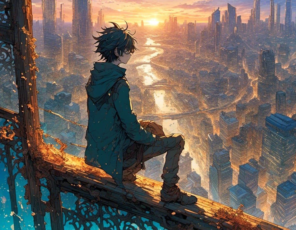Anime Figure Watches Sunrise Over Metropolis City