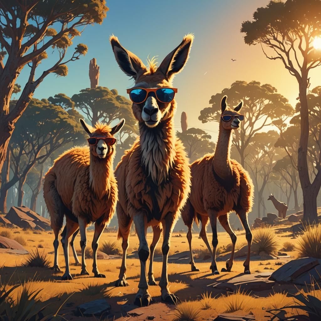 Kangaroo and Llama in Whimsical Savannah