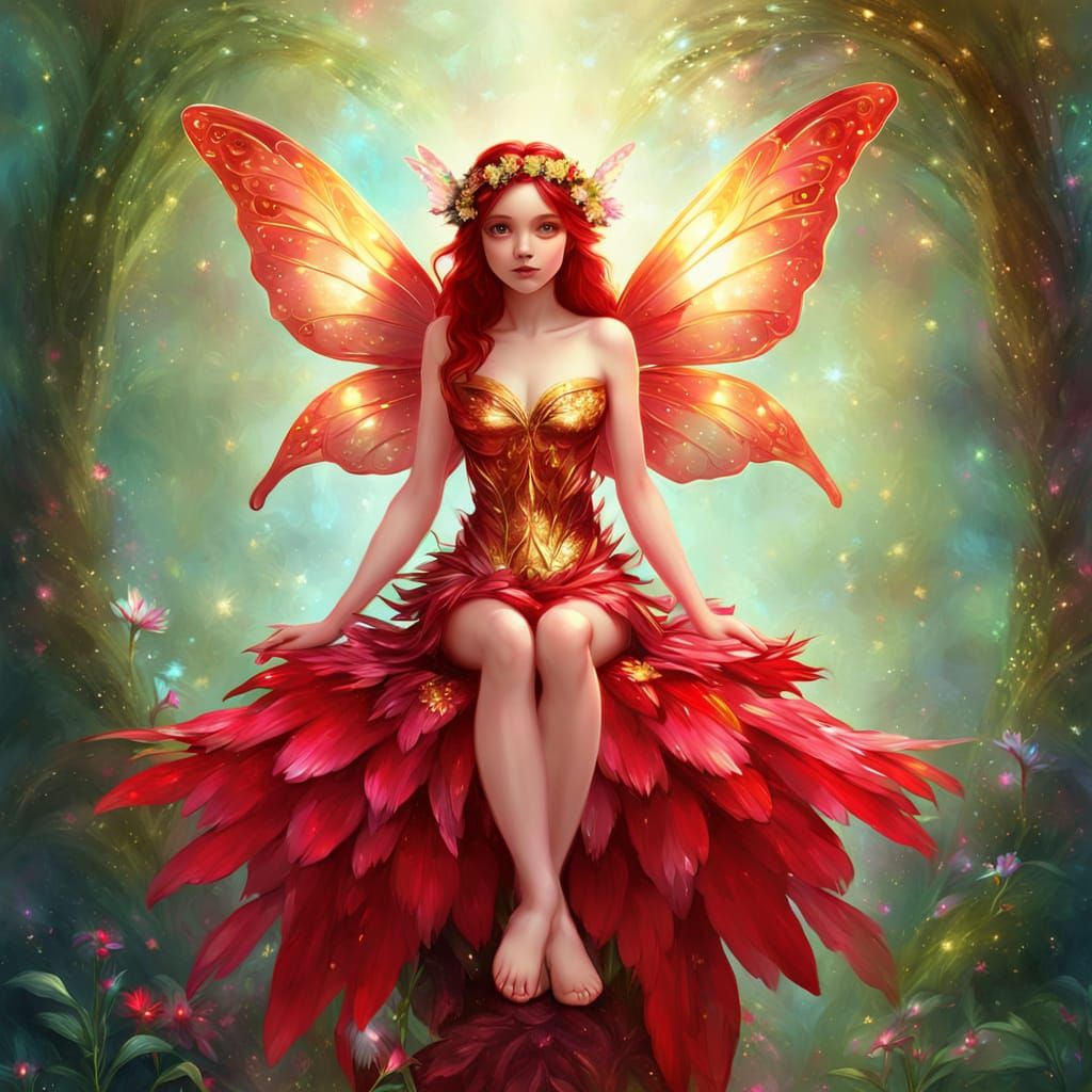 Ruby Red Fairy in Enchanted Forest, Digital Art