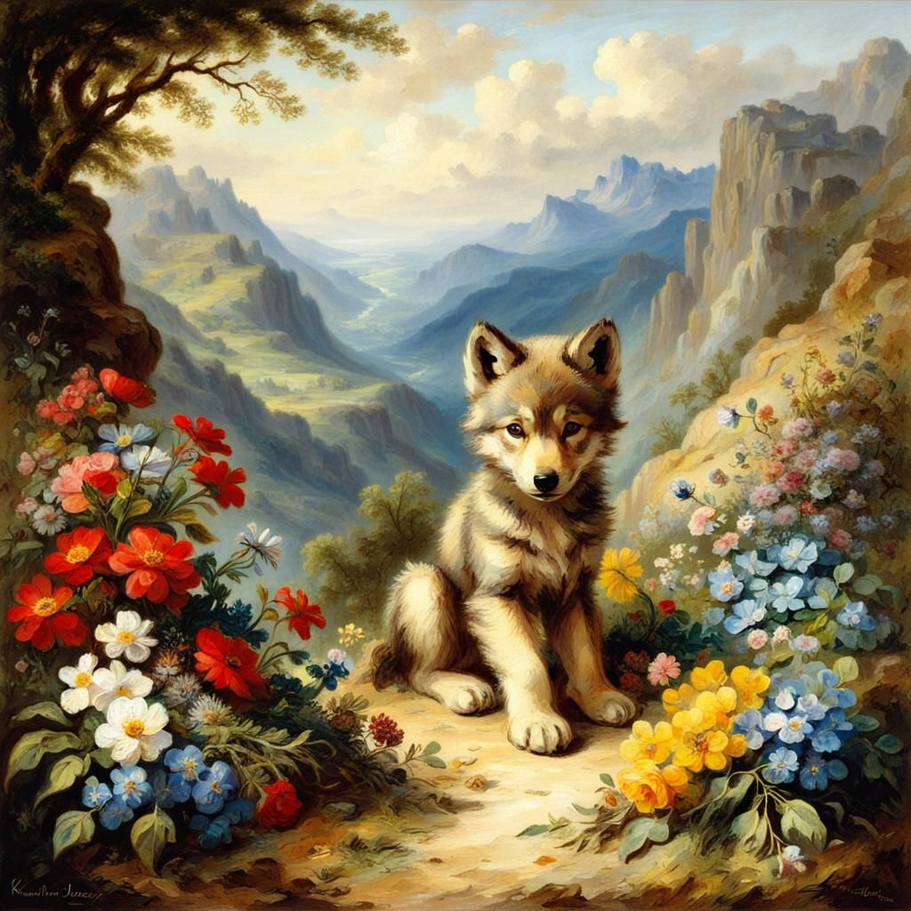 Fantasy Wolf Cub in Valley: Romanticism Style