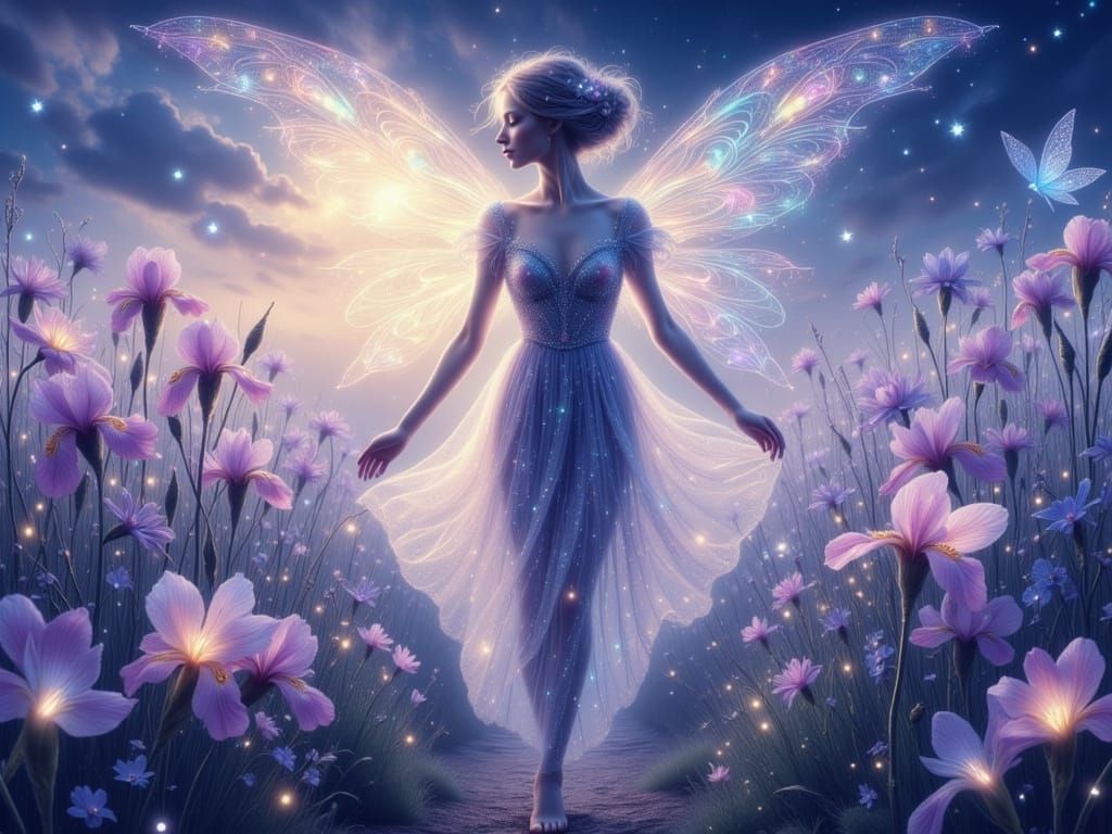 An ethereal, translucent woman with iridescent wings walks through a field of blooming irises under a twil...
