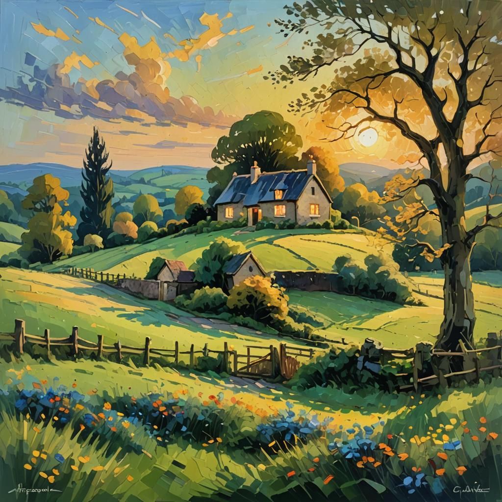 English Cottage at Twilight: Neo-Impressionist Oil Painting