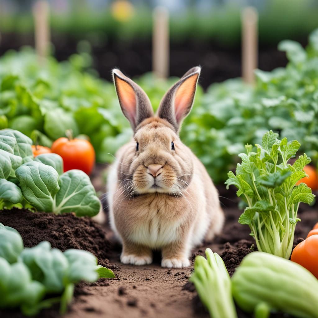 Fluffy Bunny in a Vegetable Garden