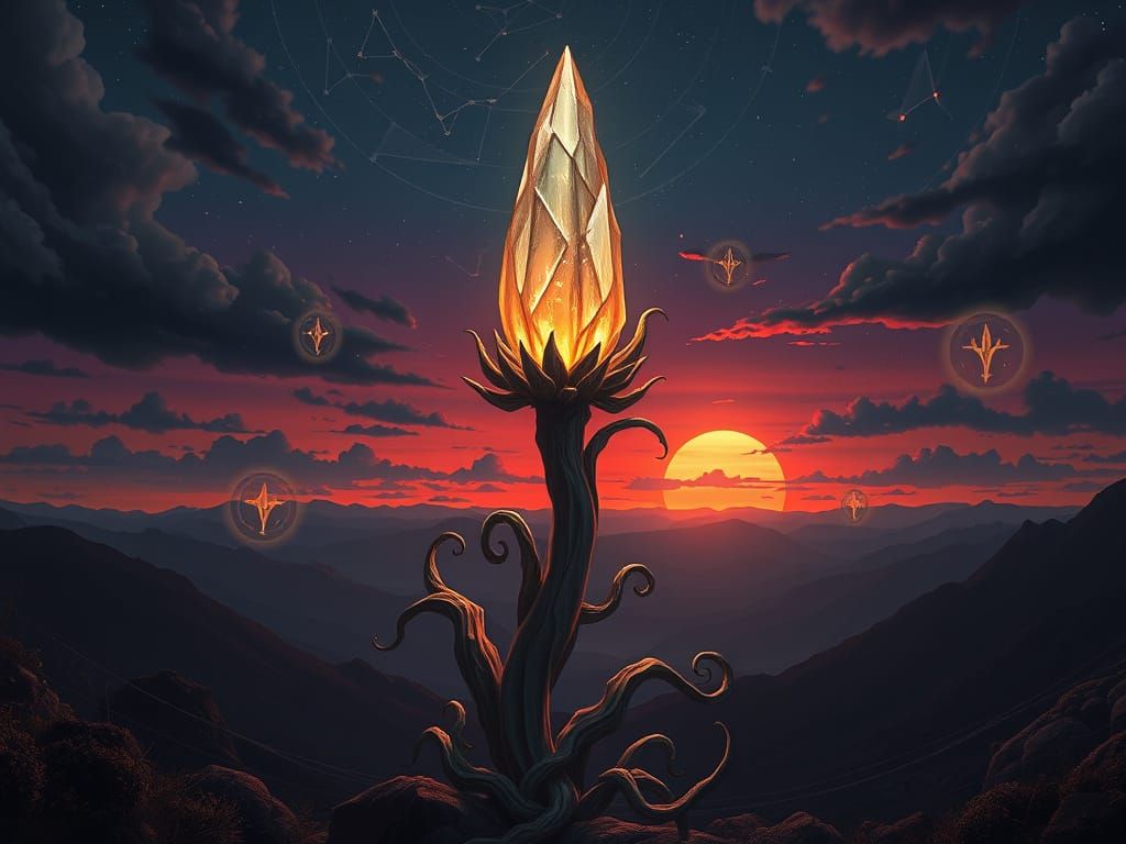 Ethereal Fantasy Plant Under Starry, Crimson Skies