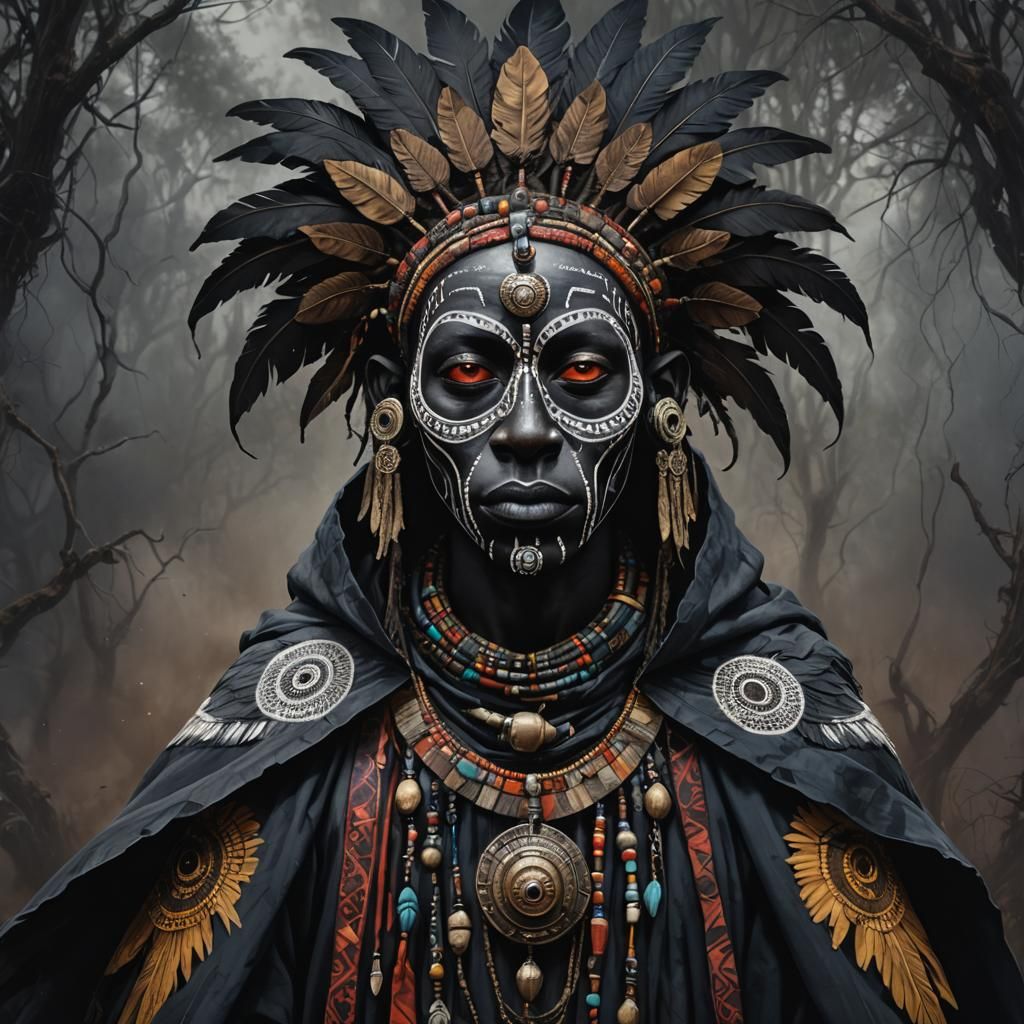 African Bird Shaman in Dark, Detailed Painting