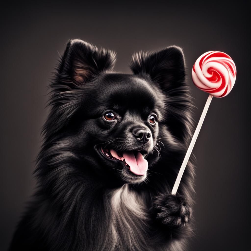 Happy Pomeranian Dog with Lollipop, Hyperrealistic Rendering