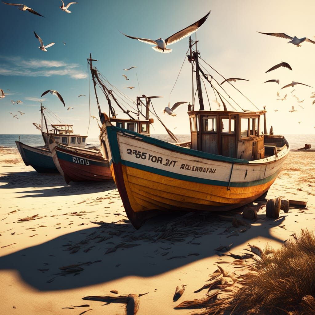 Fishing Boats on Shore in Golden Light
