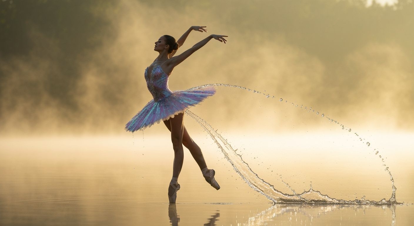 Ballerina In Water Tutu Glides On Misty Lake At Dawn