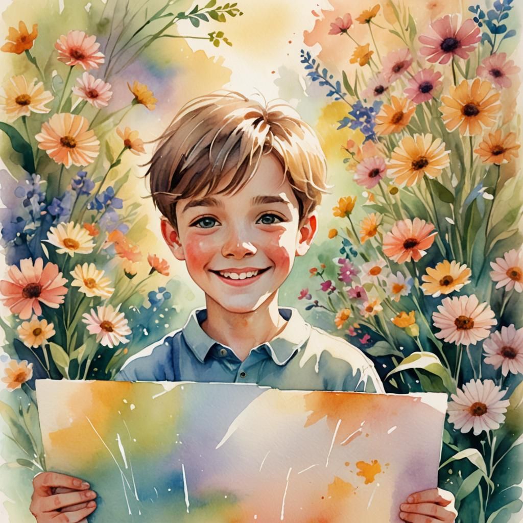 Boy With Sign in Watercolor Illustration