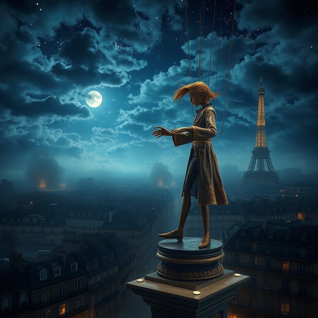 Surreal digital painting of Paris at night, with Haussmannian rooftops stretching endlessly and the Eiffel Tower in the ...