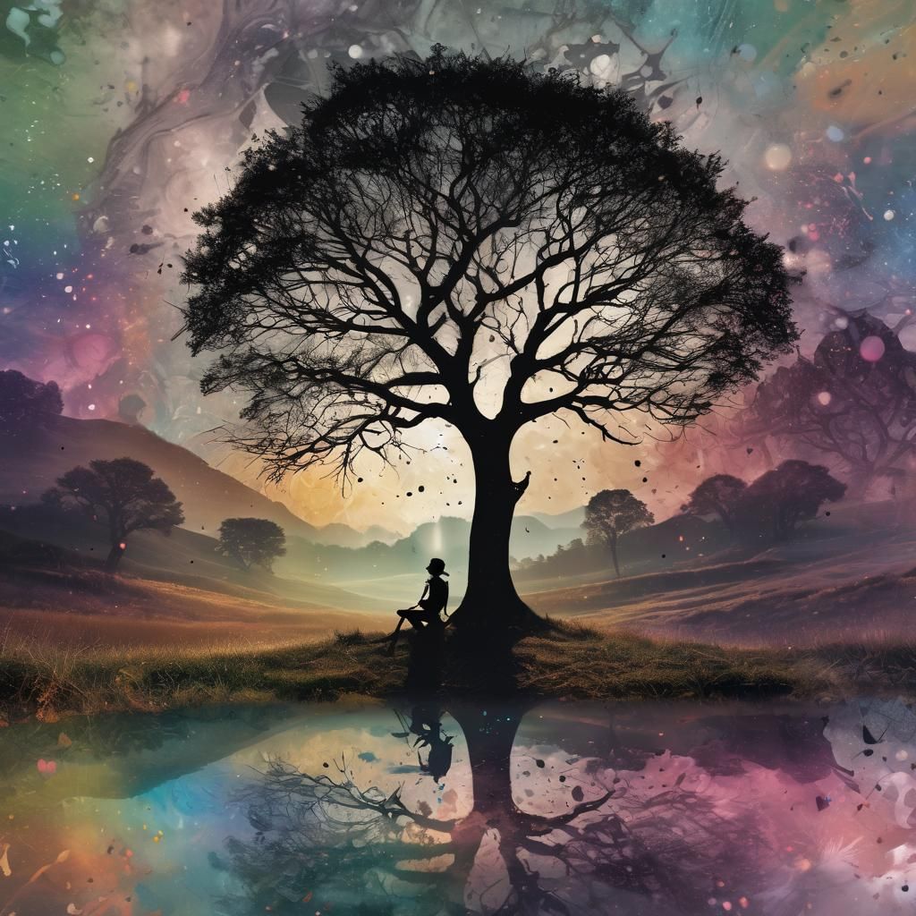 Ink Splatter Meadow Valley with Elf Silhouette