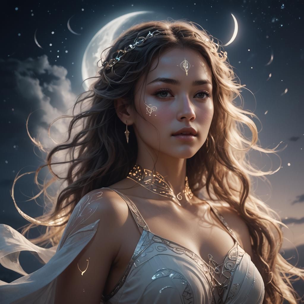 Ethereal Woman with Glowing Runes in Moonlight