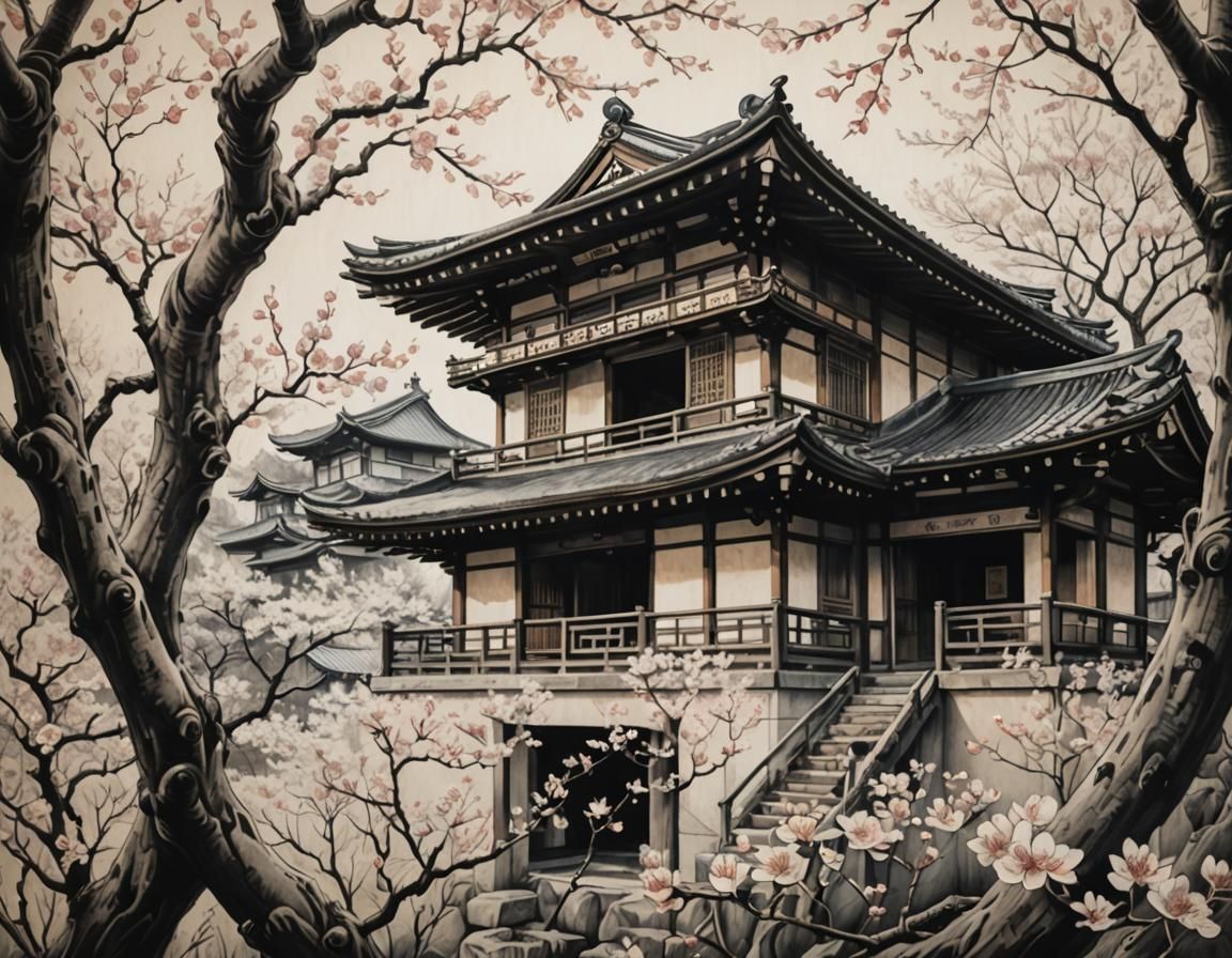 Charcoal Cherry Blossoms and Japanese Tea House
