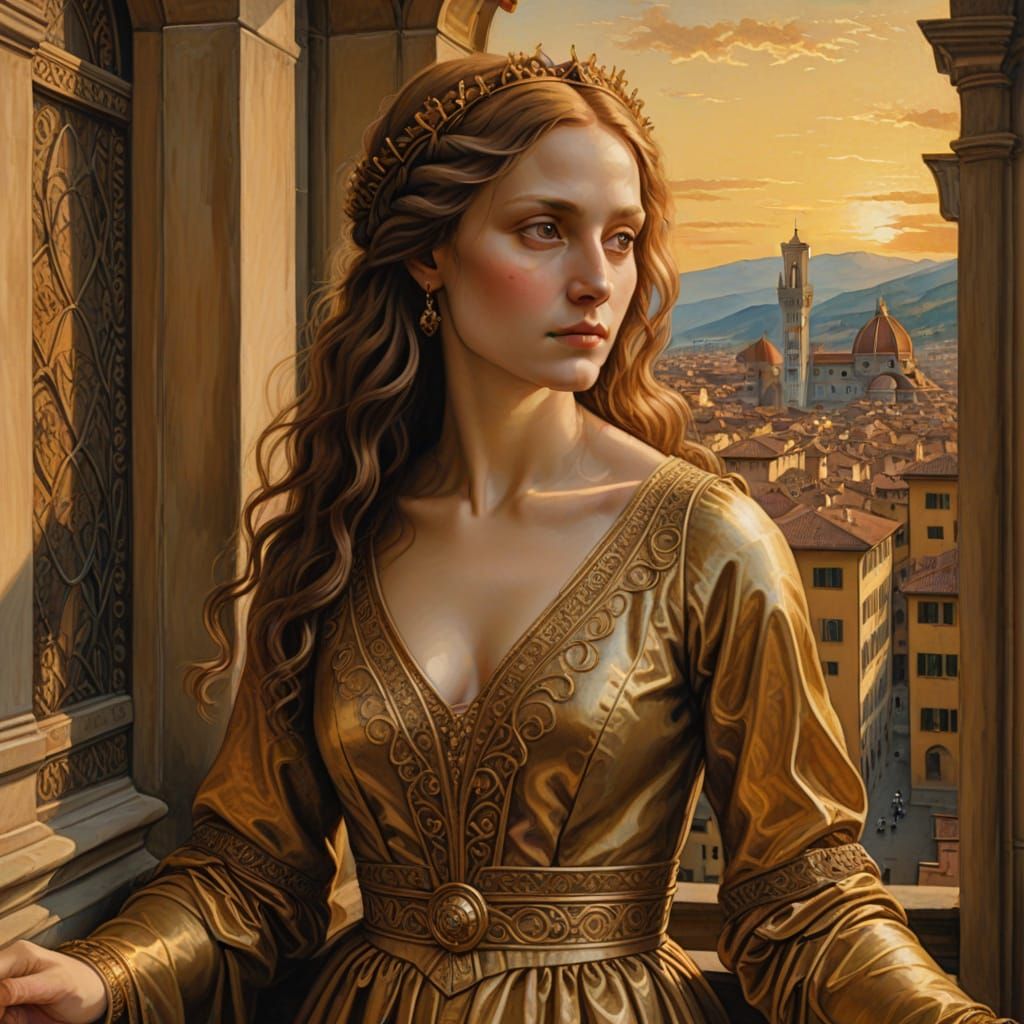 Renaissance Woman Overlooking Florence as Oil Painting