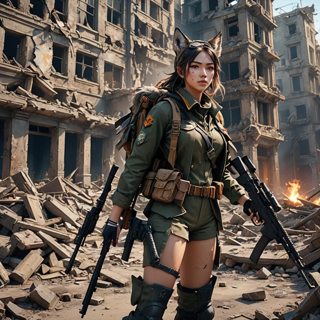 Anime Wolf Girl Soldier in War-Torn City