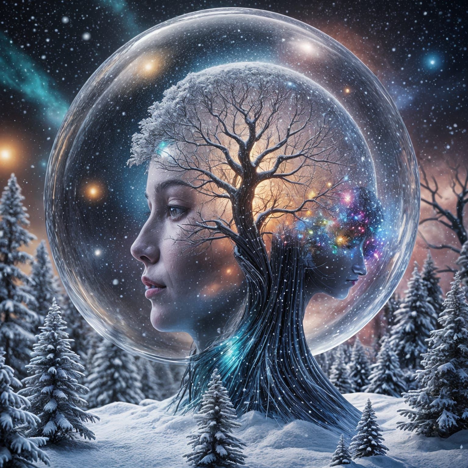 Surreal Snow Globe Brain: Cosmic Holographic Illustration