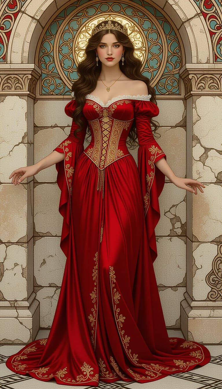 Woman in Red Gown, Art Nouveau Style