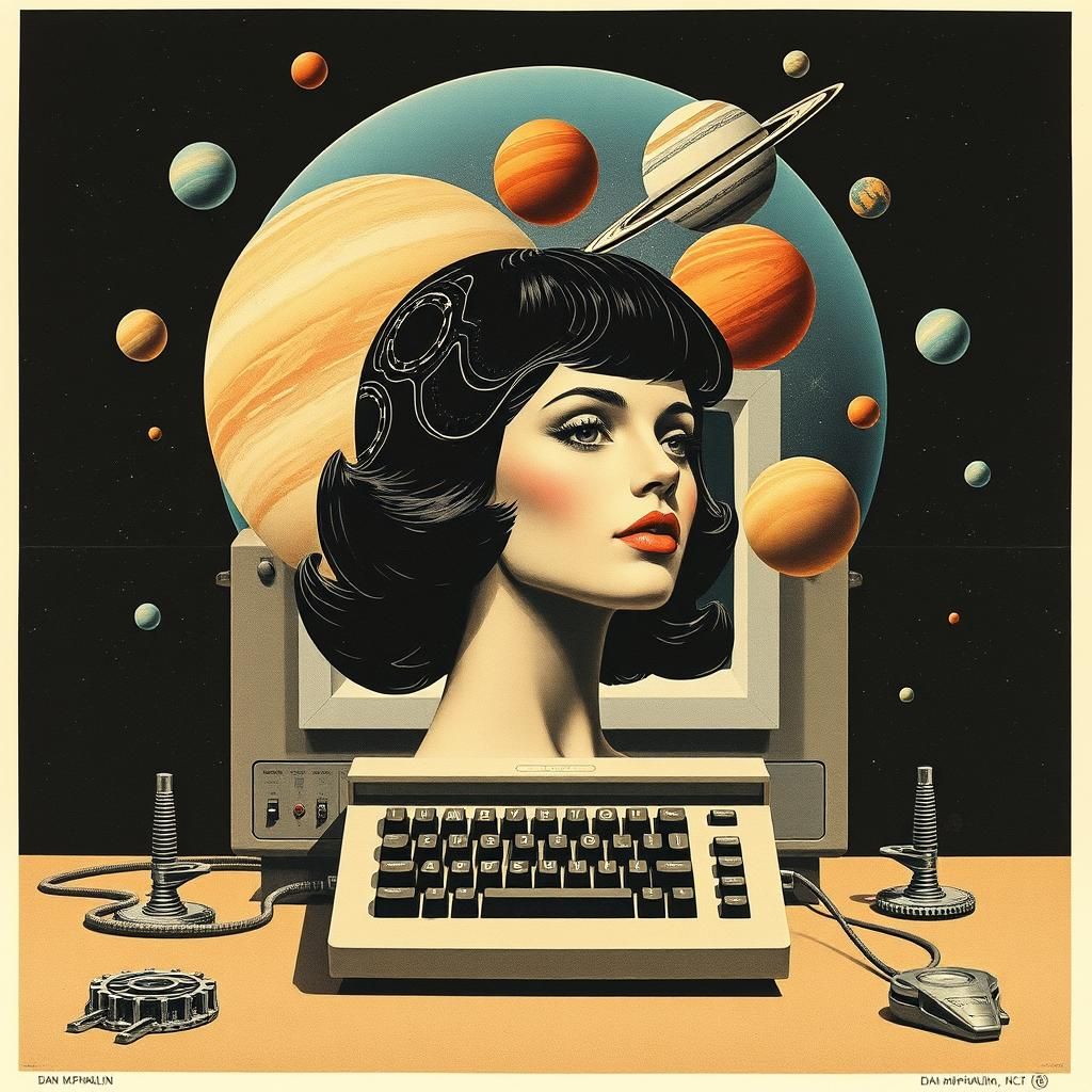 Retro-Futuristic Collage Poster with Woman and Planets