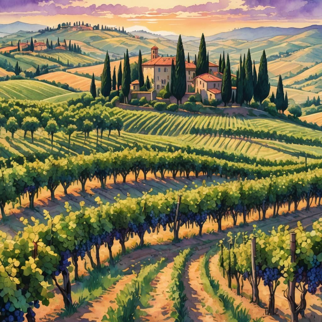Tuscan Vineyards at Sunrise in Comic Style