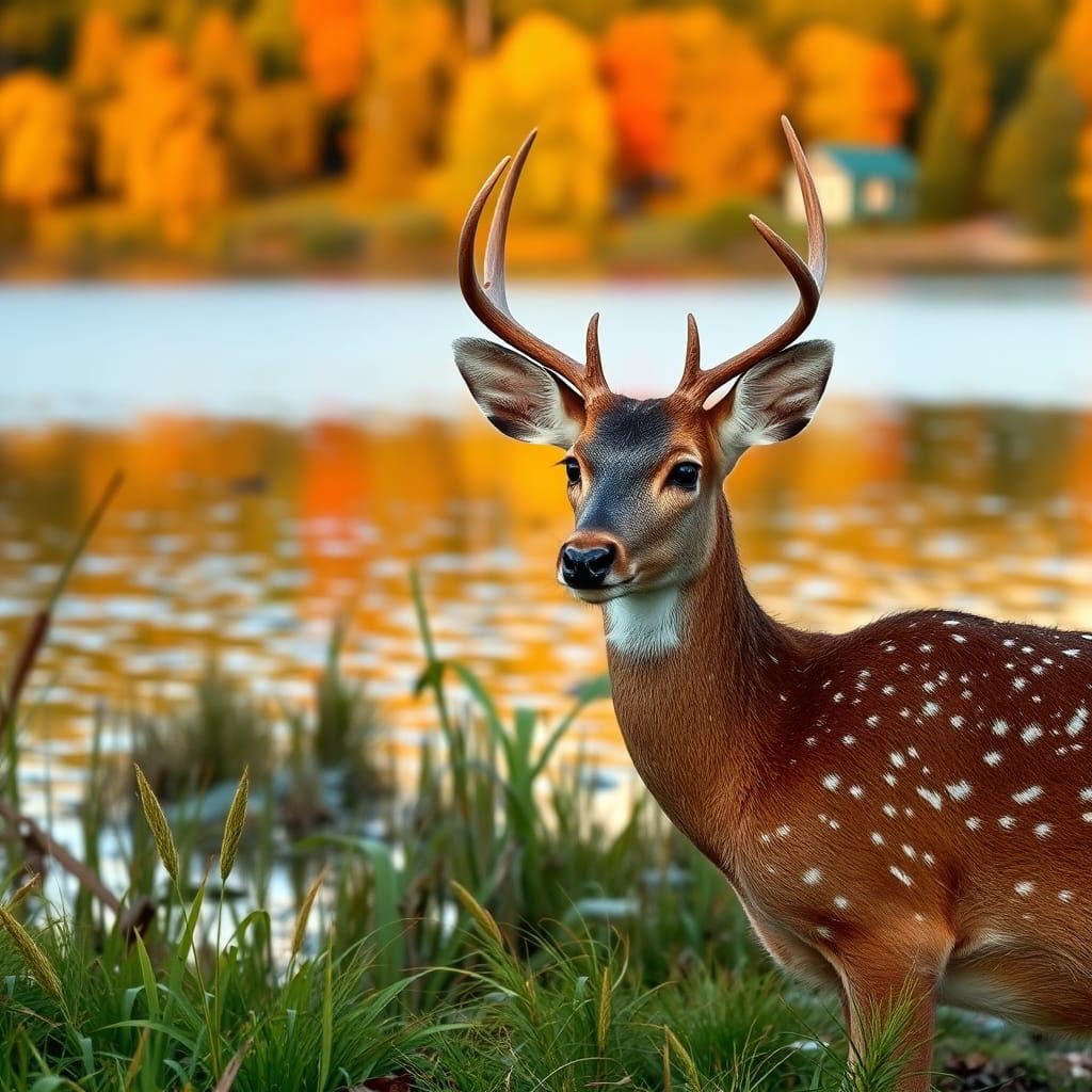 Mother Deer at Autumn Lake Sunset