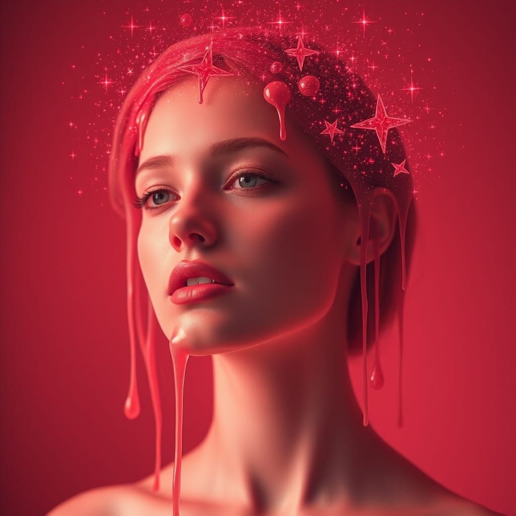 Ethereal Red Woman Portrait with Melting Stars