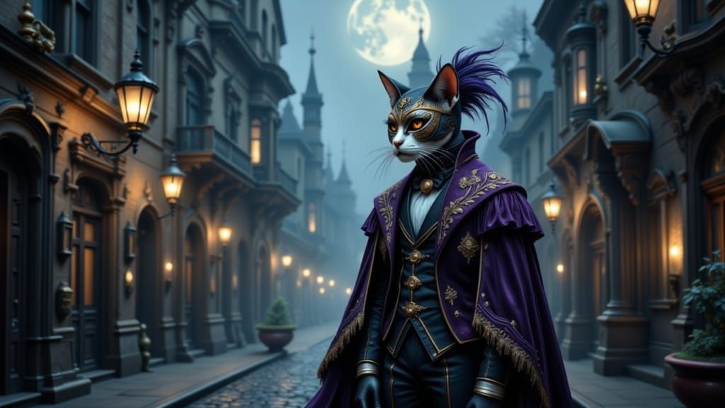 Regal Cat in Venetian Mask on Cobblestone Street