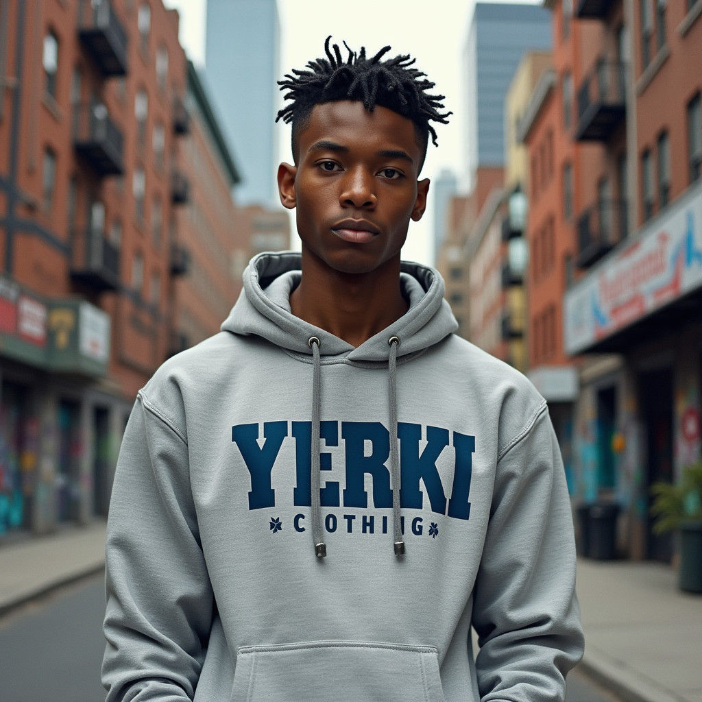 Urban Portrait: Man in Hoodie with "YERKI CLOTHING"