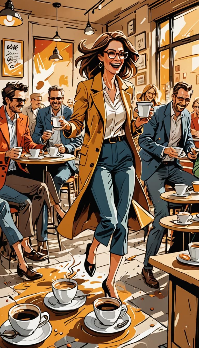 cartoon by Hergé of a jittery customer is about to step out of the café while spilling their coffee everywhere, obliviou...