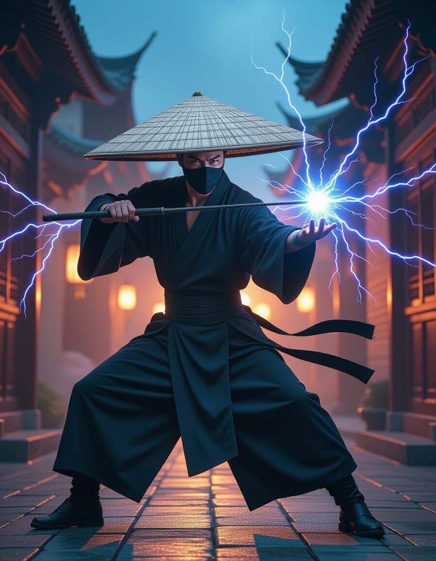 Martial Artist Assassin in Stormy Alley