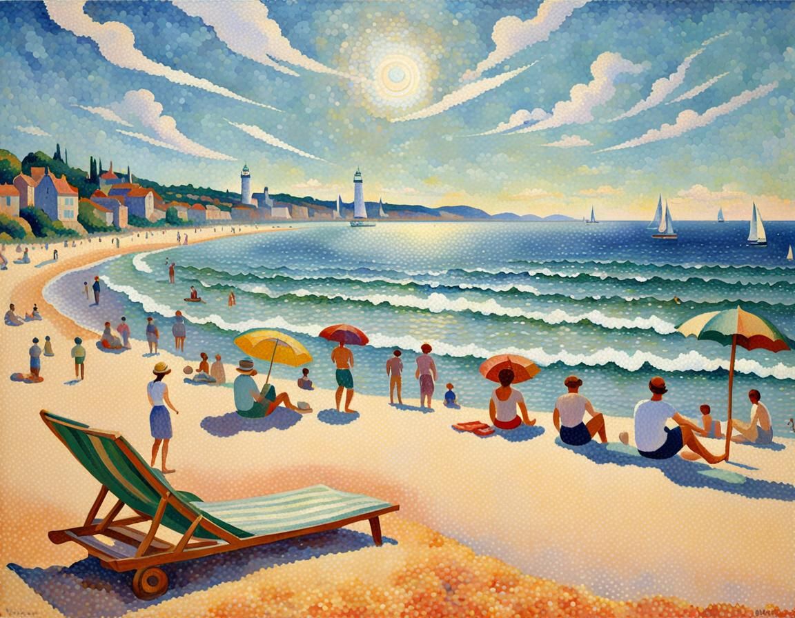Pointillist Beach Scene on a Summer Day
