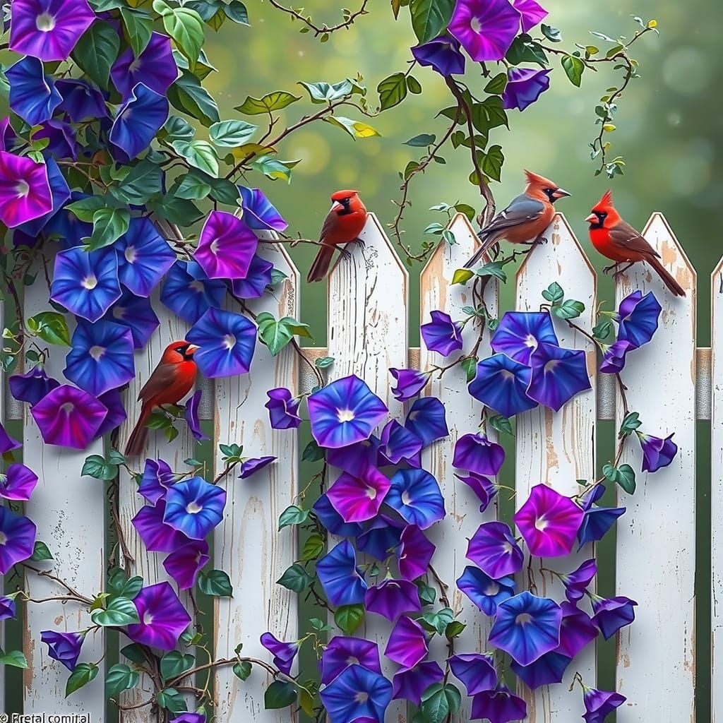 Morning Glories and Birds on Weathered Fence