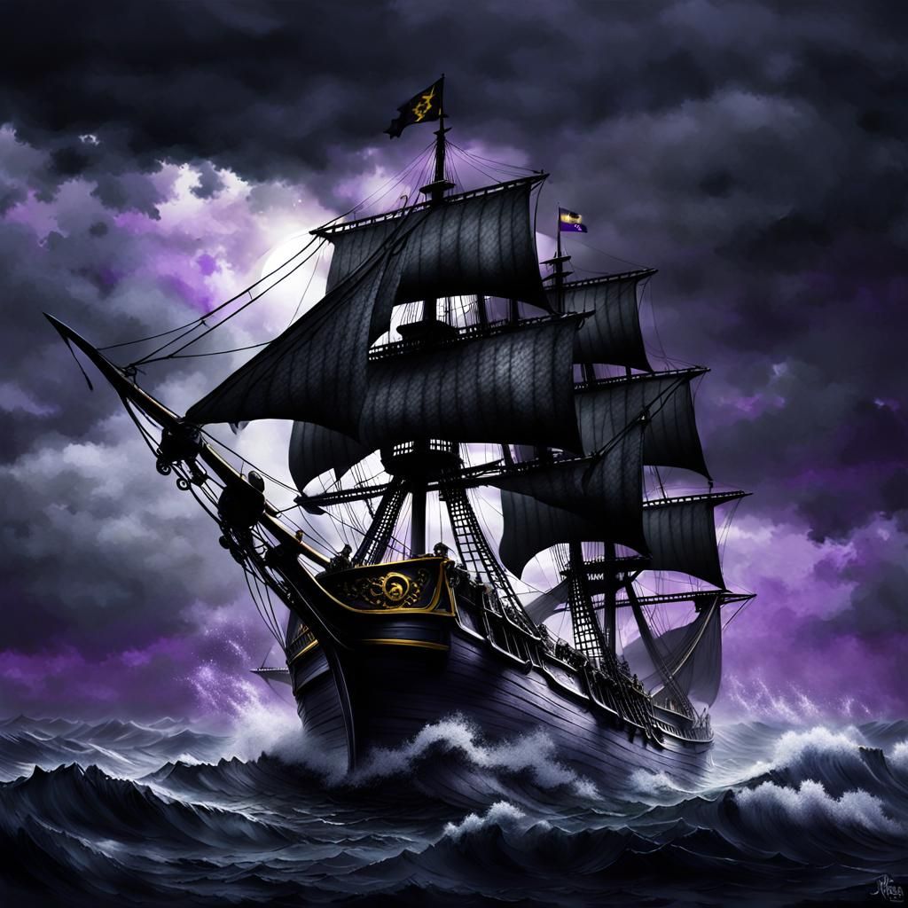 Pirate ship under ominous purple sky