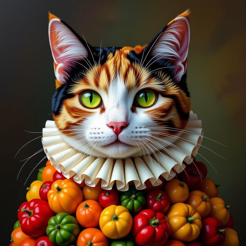 Mosaic Fruit & Veg Cat Portrait in Arcimboldo Style