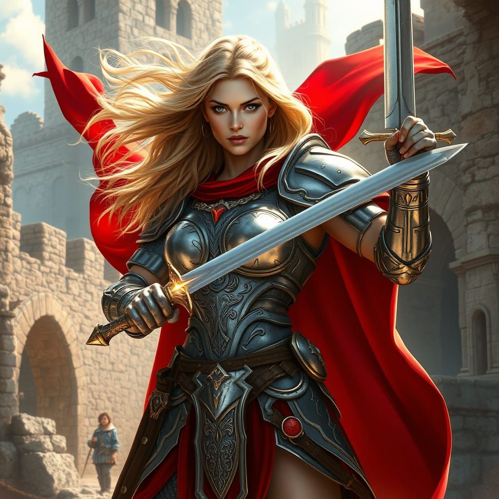 Medieval Fantasy Warrior Woman in Shimmering Silver Armor