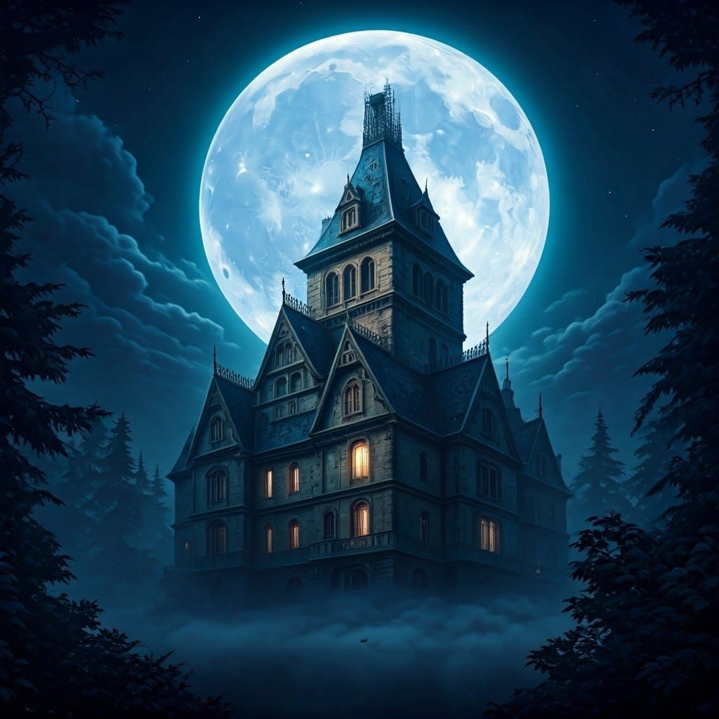Victorian Mansion Under Full Moon, Owl Perched on Roof in Da...
