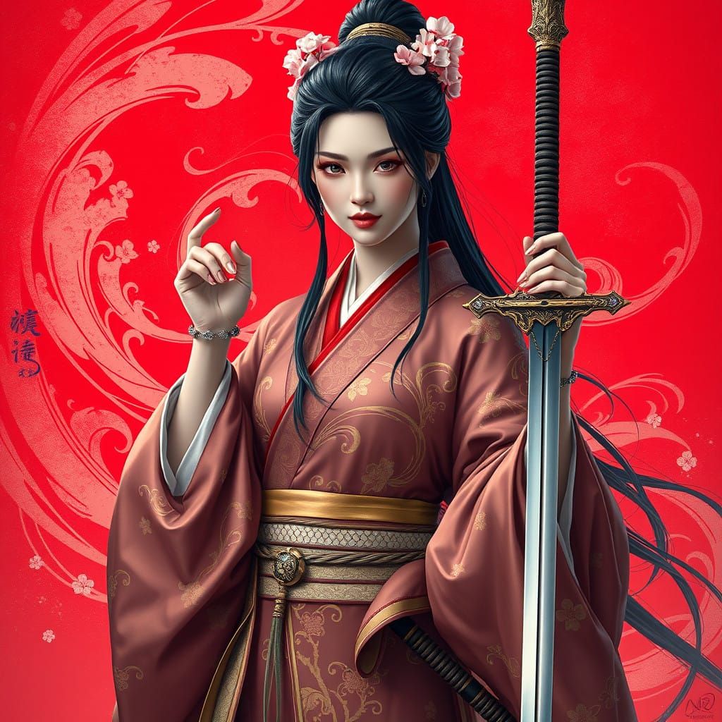 Elegant Warrior in Vibrant Red Kimono, Golden Accents, and D...
