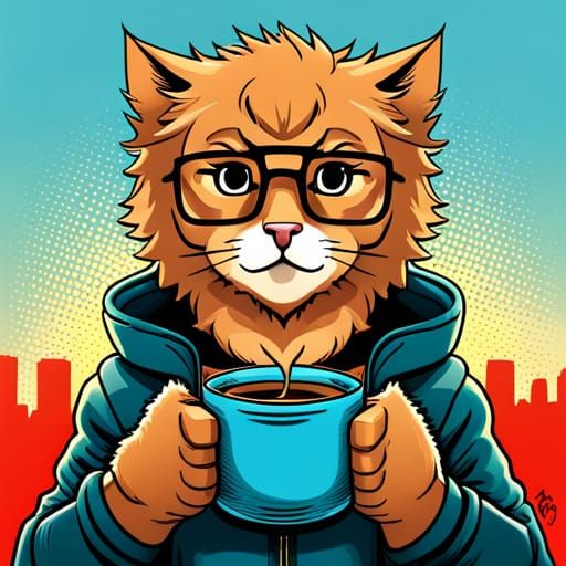 Furry Enby Feline with Coffee, Manga Style