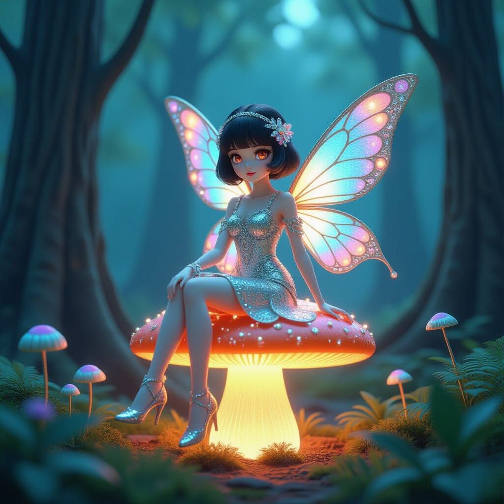 Art Deco Fairy on Mushroom in Anime Style