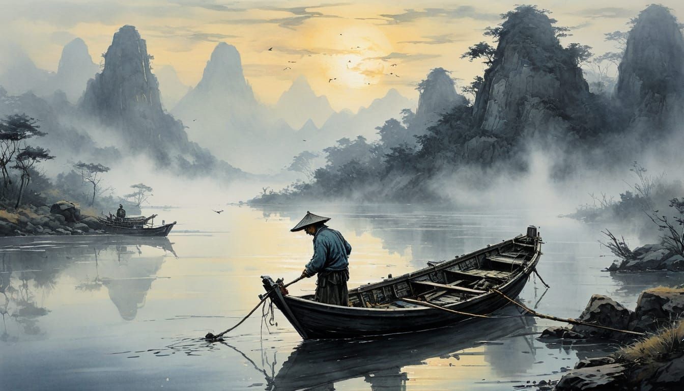 Misty Chinese Fisherman in Watercolour Painting