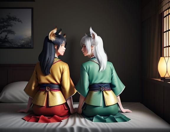 Female Kitsune Intimate Kiss in Manga Style