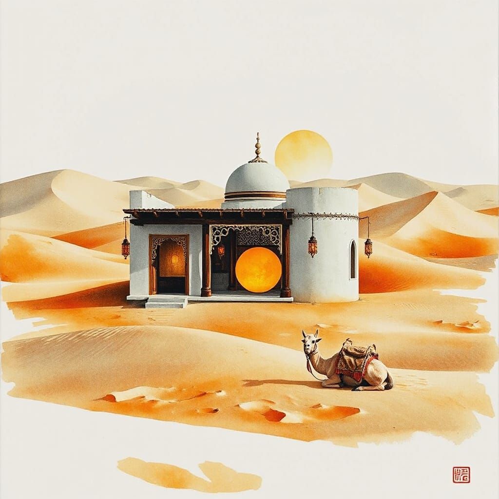 Sufi Oasis Sunrise, Lanterns and Dunes in Ink and Watercolou...