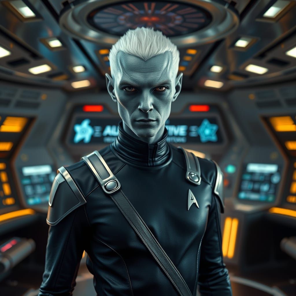 Confident Space Marshal in Futuristic Starship Bridge