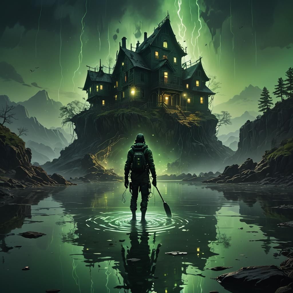 Ominous Haunted House on Lake: Futuristic Concept Art
