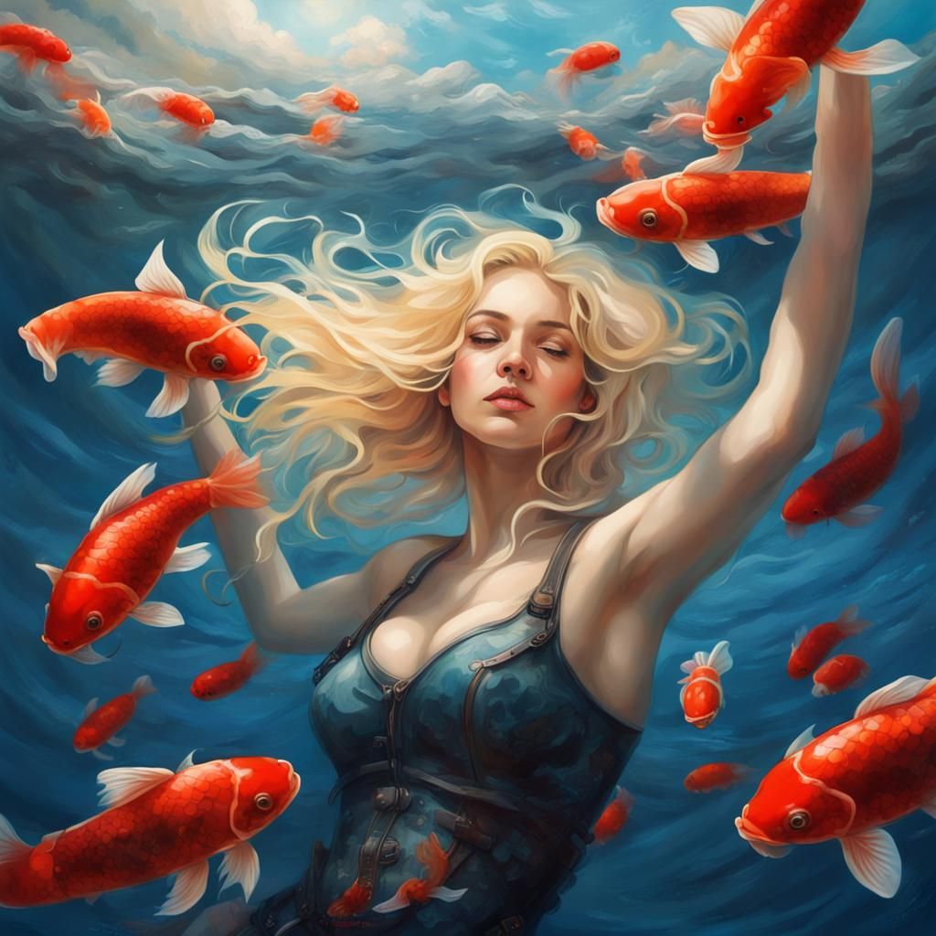 Surrealist Girl Swimming with Koi Fish