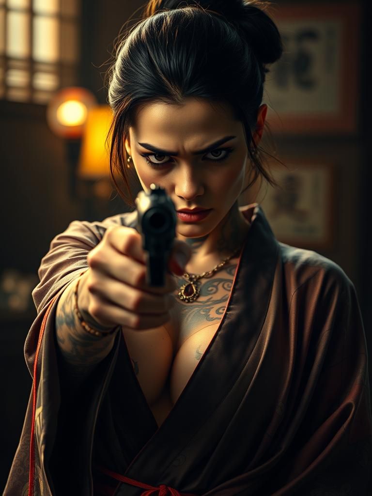 Yakuza Girl with Gun: Hyperrealistic Portrait