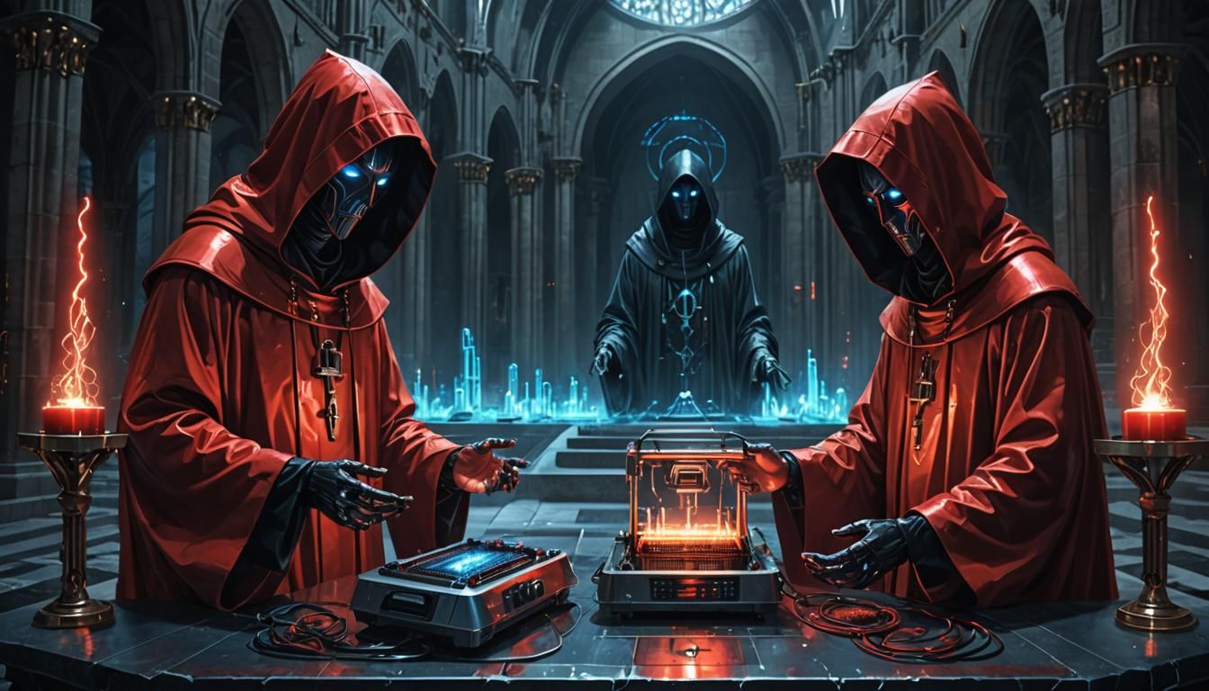 Cyber-Gothic Cathedral Ritual with Tech-Priests